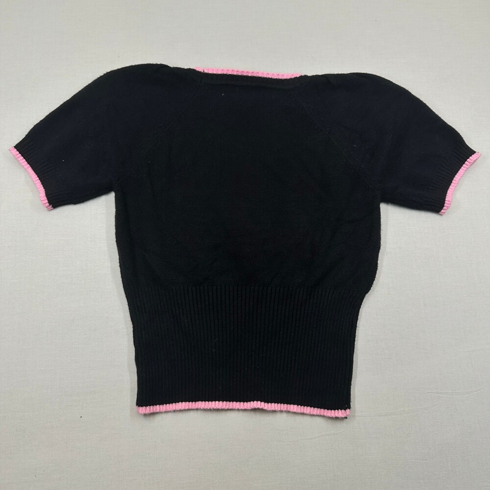 Y2K Paris Hilton Graphic Crop Sweater Bow Detail Black Pink S - Picture 3 of 12